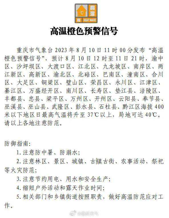 重庆今天局地气温达40℃，后天起降雨范围扩大